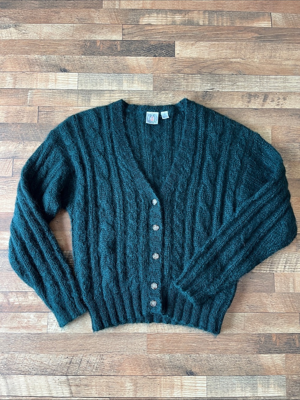Vintage JG Hook 65% Wool Mohair Cozy Dark Green Cable Knit Button-Front Cardigan